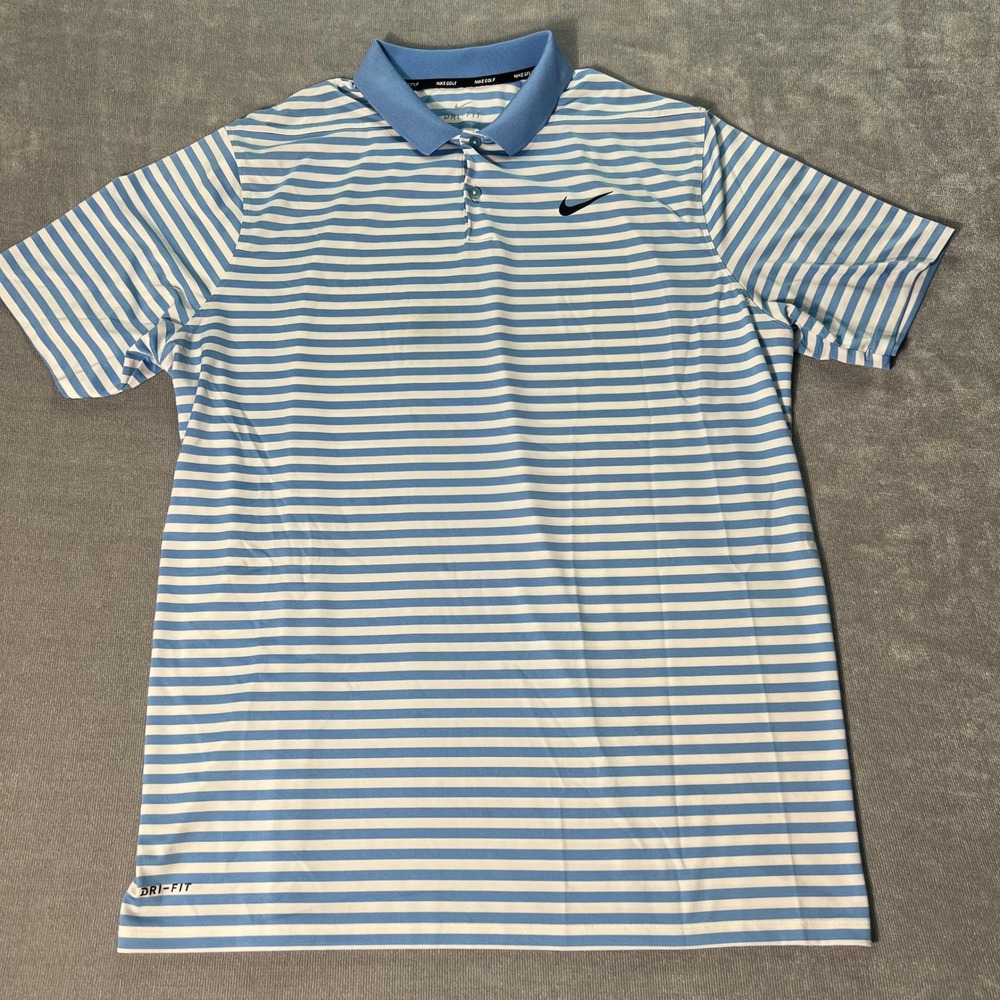 Nike Golf Mens Polo Shirt XL Blue White Striped Dri FIT Short Sleeve Athletic